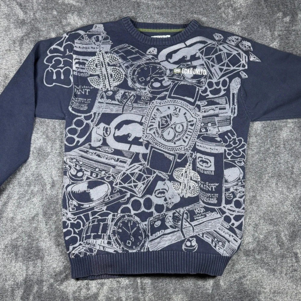 Ecko Unltd Mens 3XL Navy Blue Graphic Knit Sweater Rhinestone Hip Hop Y2K